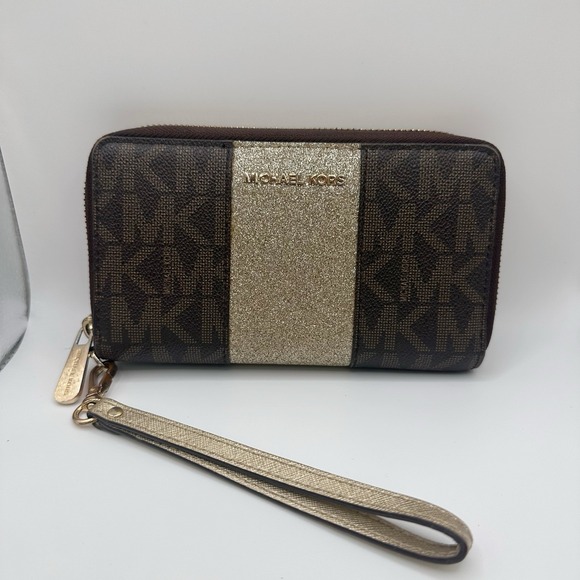 Michael Kors Handbags - Michael Kors 7" Flat Wallet Center‎ Stripe Wristlet Clutch Card Holder Monogram